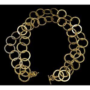 Brutalist Hammered Bright Gold Tone Open Circle Chain Necklace
